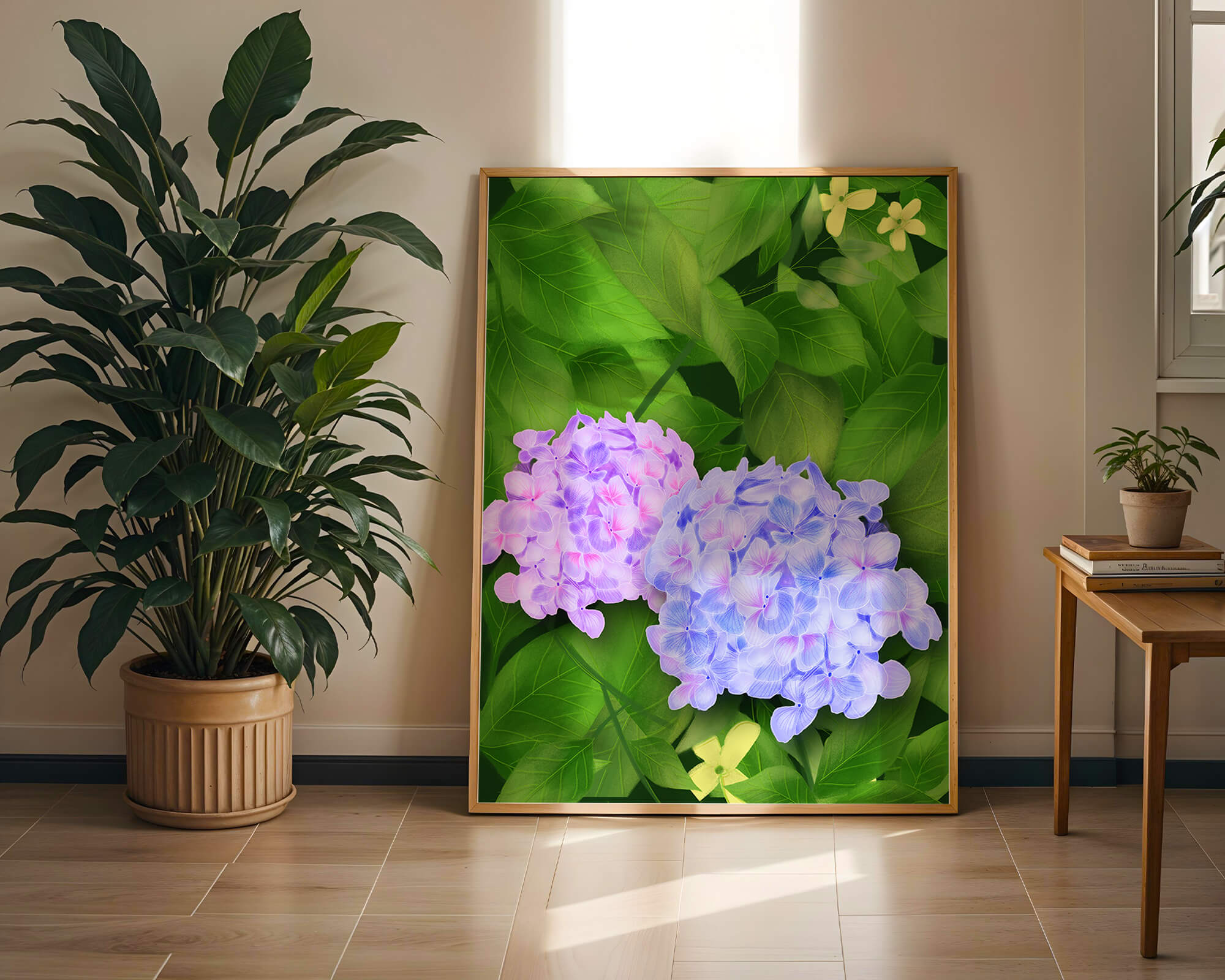 Delicate hydrangeas with lush green leaves in a vibrant botanical scene