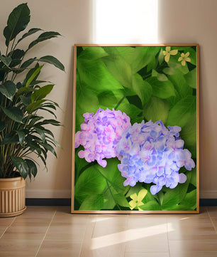 Delicate hydrangeas with lush green leaves in a vibrant botanical scene