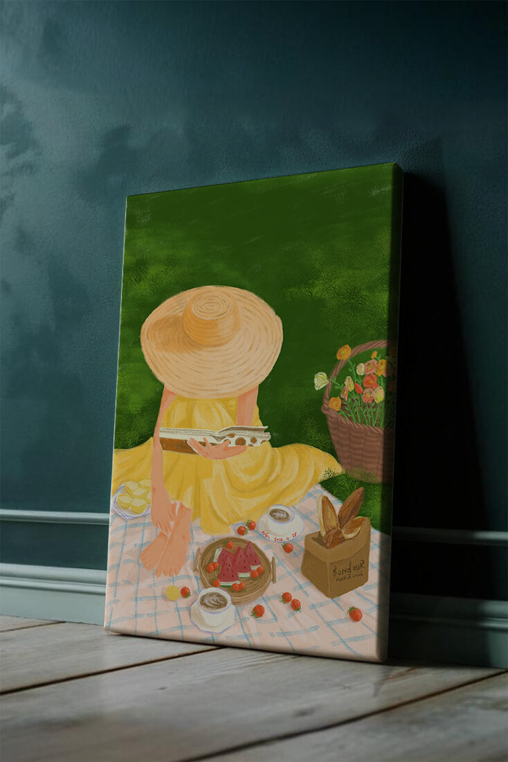 Picnic in the Park with Straw Hat and Flowers