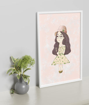 Ilustración encantadora de una niña con vestido y sombrero floral