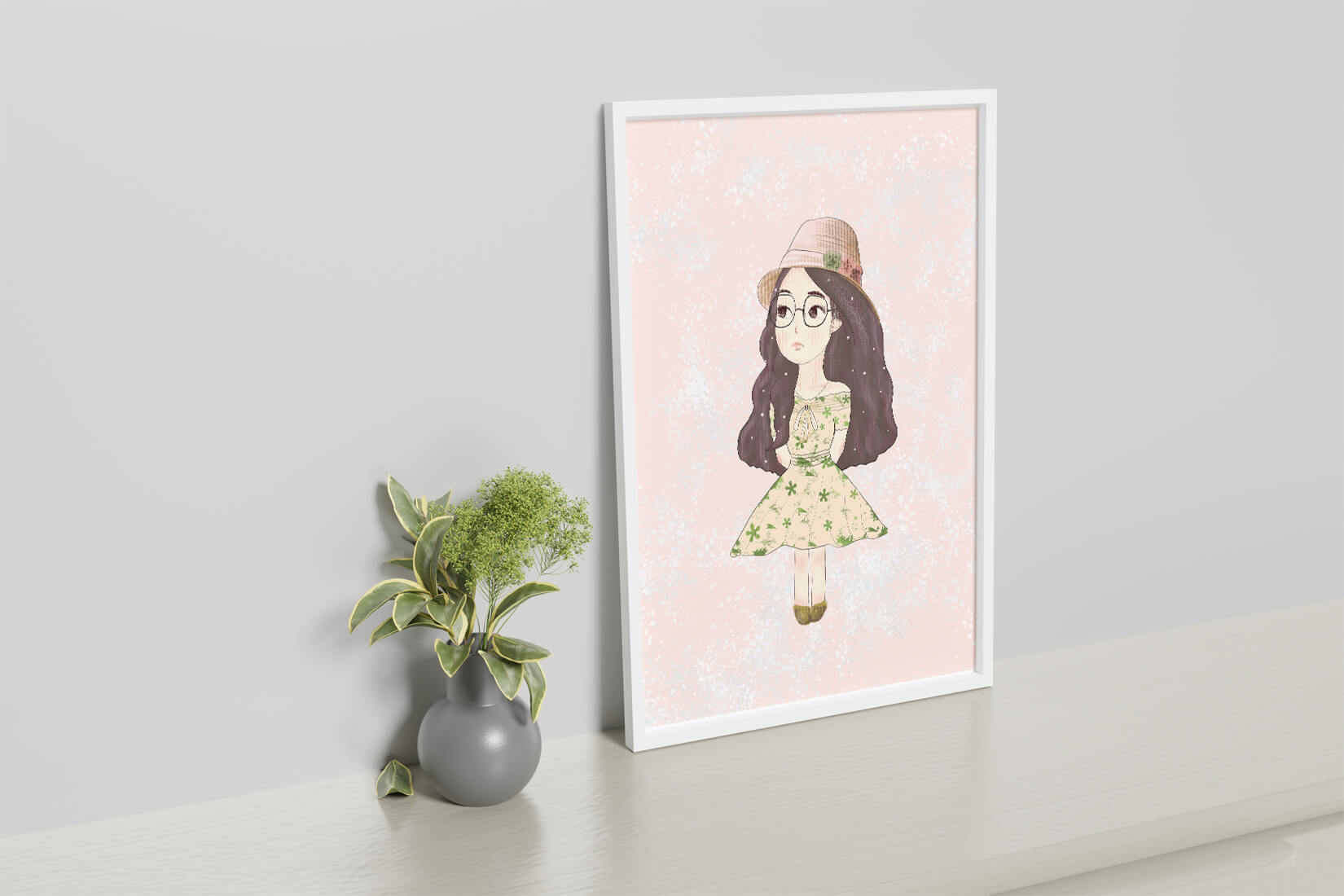 Charming illustration of a girl in a floral dress and hat