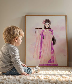 Illustration élégante à l’aquarelle d’une femme traditionnelle en tenue rose