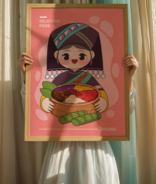 Personnage de dessin animé charmant en tenue traditionnelle tenant un panier de nourriture coloré
