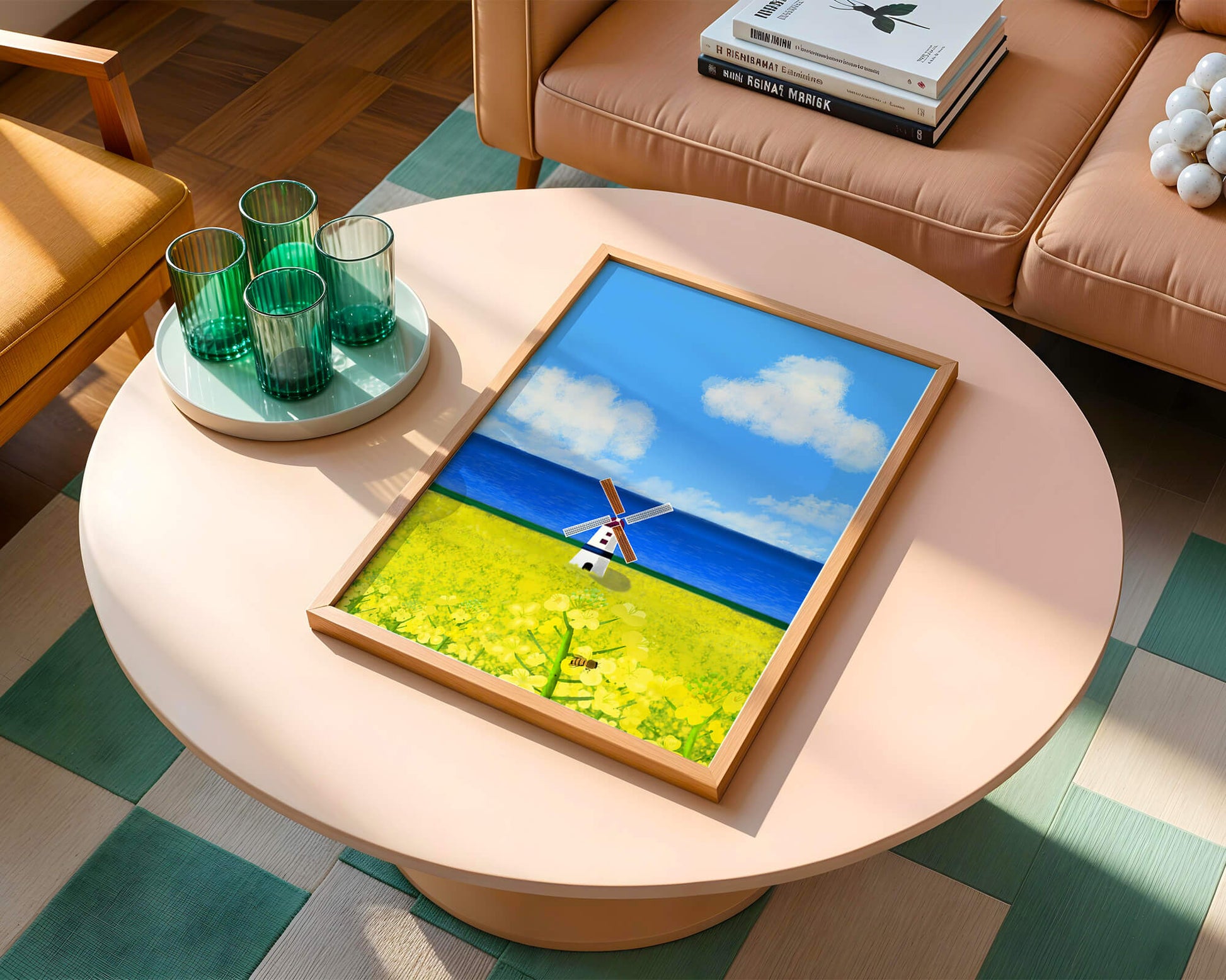 Scenic landscape with windmill in blooming field by the sea