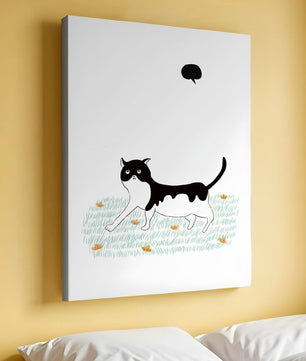 Whimsical cat illustration in field of flowers