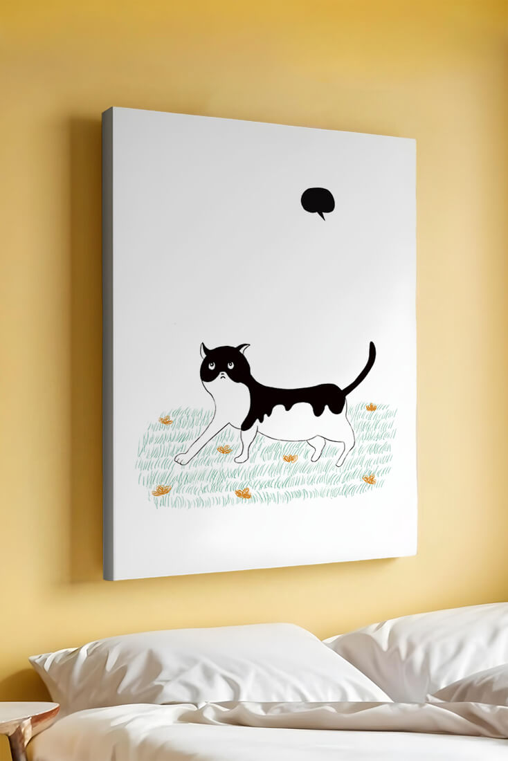 Whimsical cat illustration in field of flowers