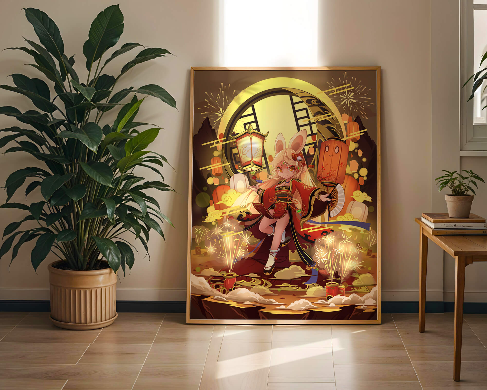 Festive celebration with a lantern-carrying character amidst fireworks and moonlight