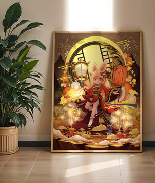Festive celebration with a lantern-carrying character amidst fireworks and moonlight