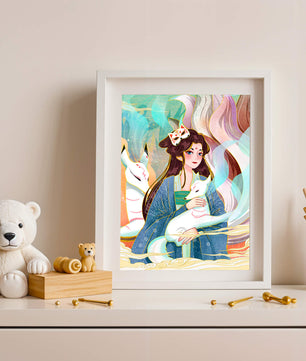 Œuvre de fantasy élégante mettant en scène une figure mystique accompagnée de renards et de couleurs vibrantes