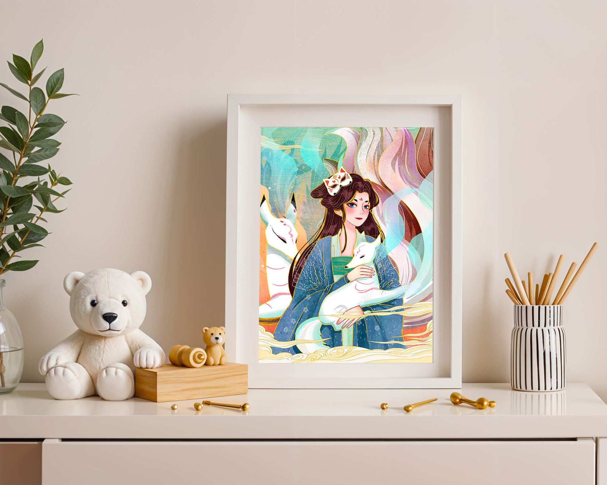 Elegant fantasy artwork featuring a mystical figure with foxes and vibrant colors
