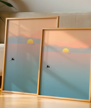 Serene Sunset with Silhouettes and Birds over a Calm Sea