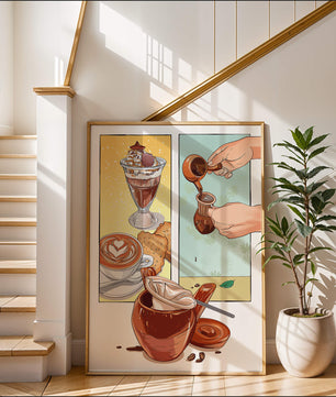 Ilustración artística de café y postre con detalles dorados