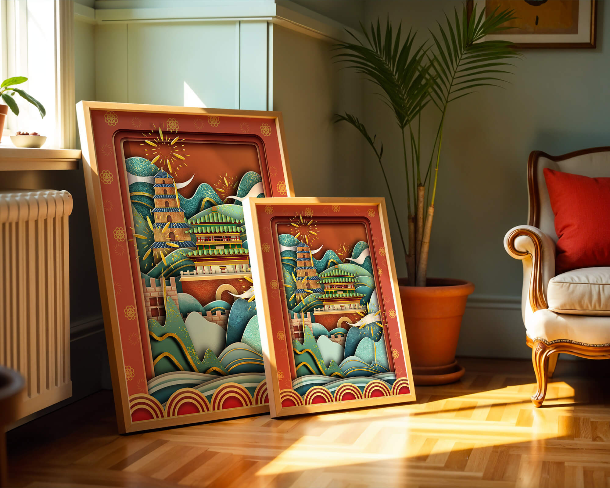 Illustrated Asian landscape with fireworks and traditional architecture