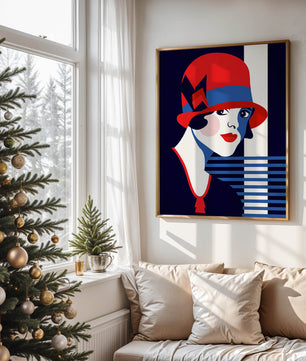 Femme élégante de style art déco avec chapeau cloche rouge et motifs géométriques