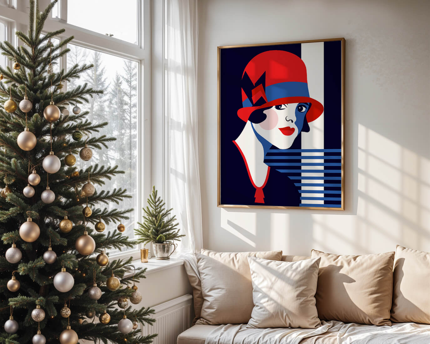 Elegante mujer de estilo art déco con sombrero cloche rojo y patrones geométricos.