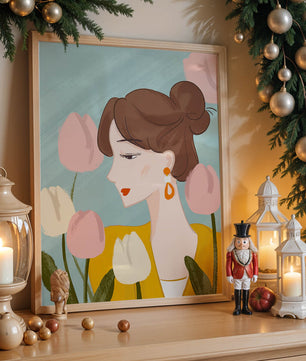 Serene woman surrounded by pastel tulips illustration