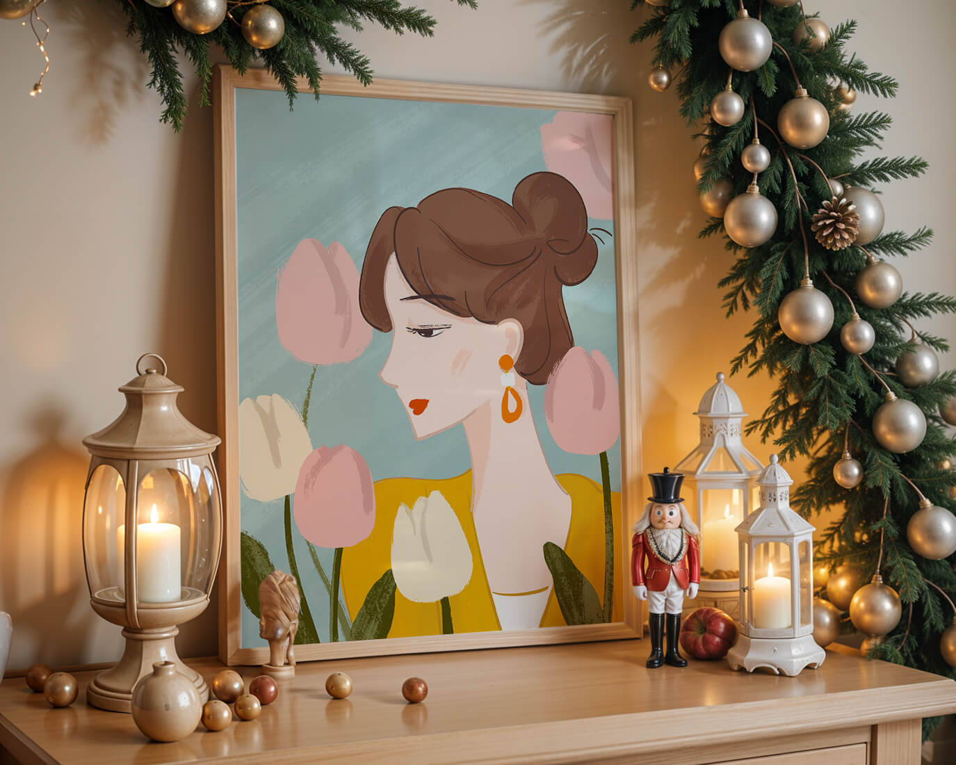 Serene woman surrounded by pastel tulips illustration