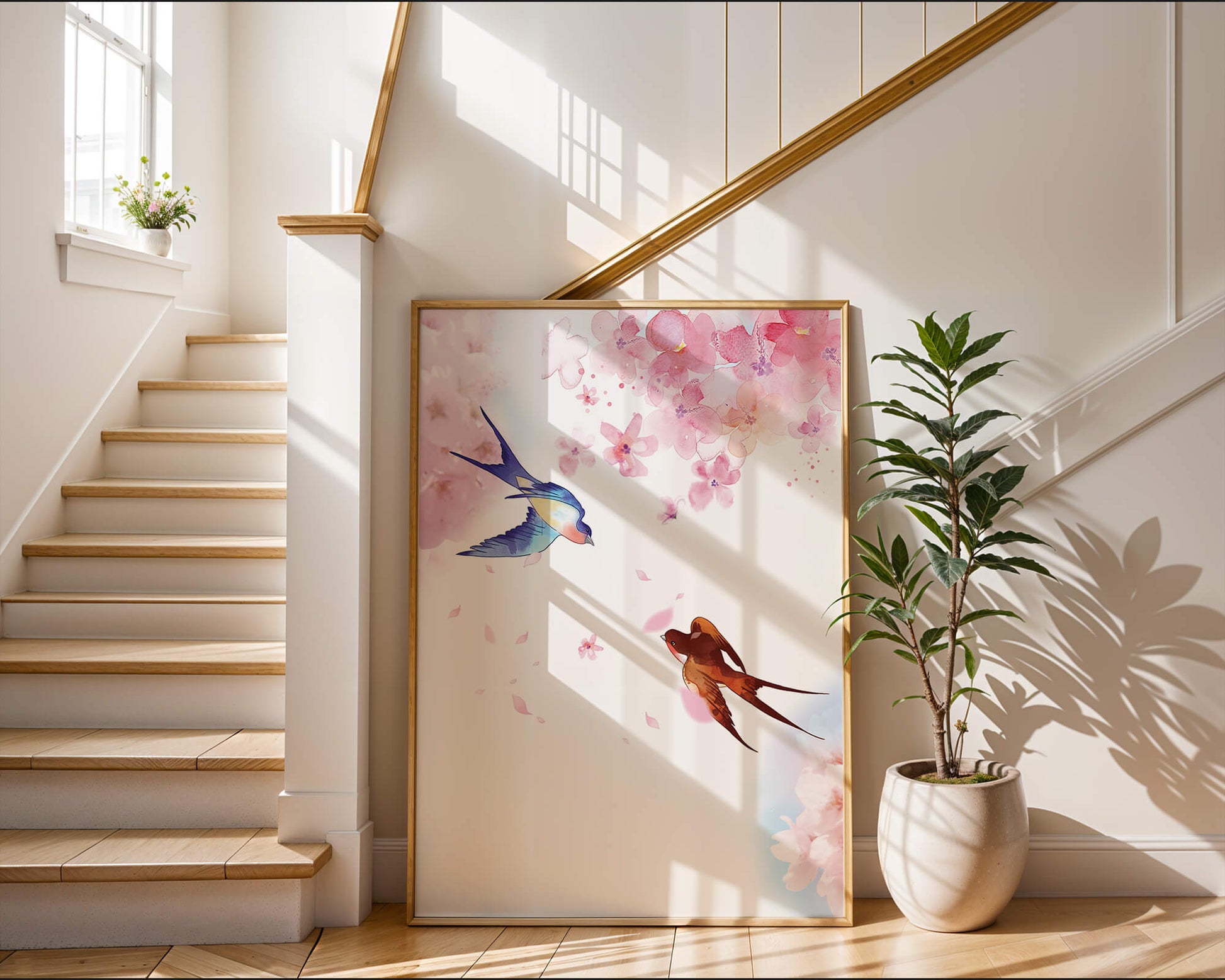 Pájaros coloridos y flores rosas en una escena primaveral de acuarela