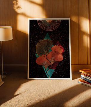 Traducción al español: Ilustración floral cósmica abstracta con elementos geométricos y acentos dorados