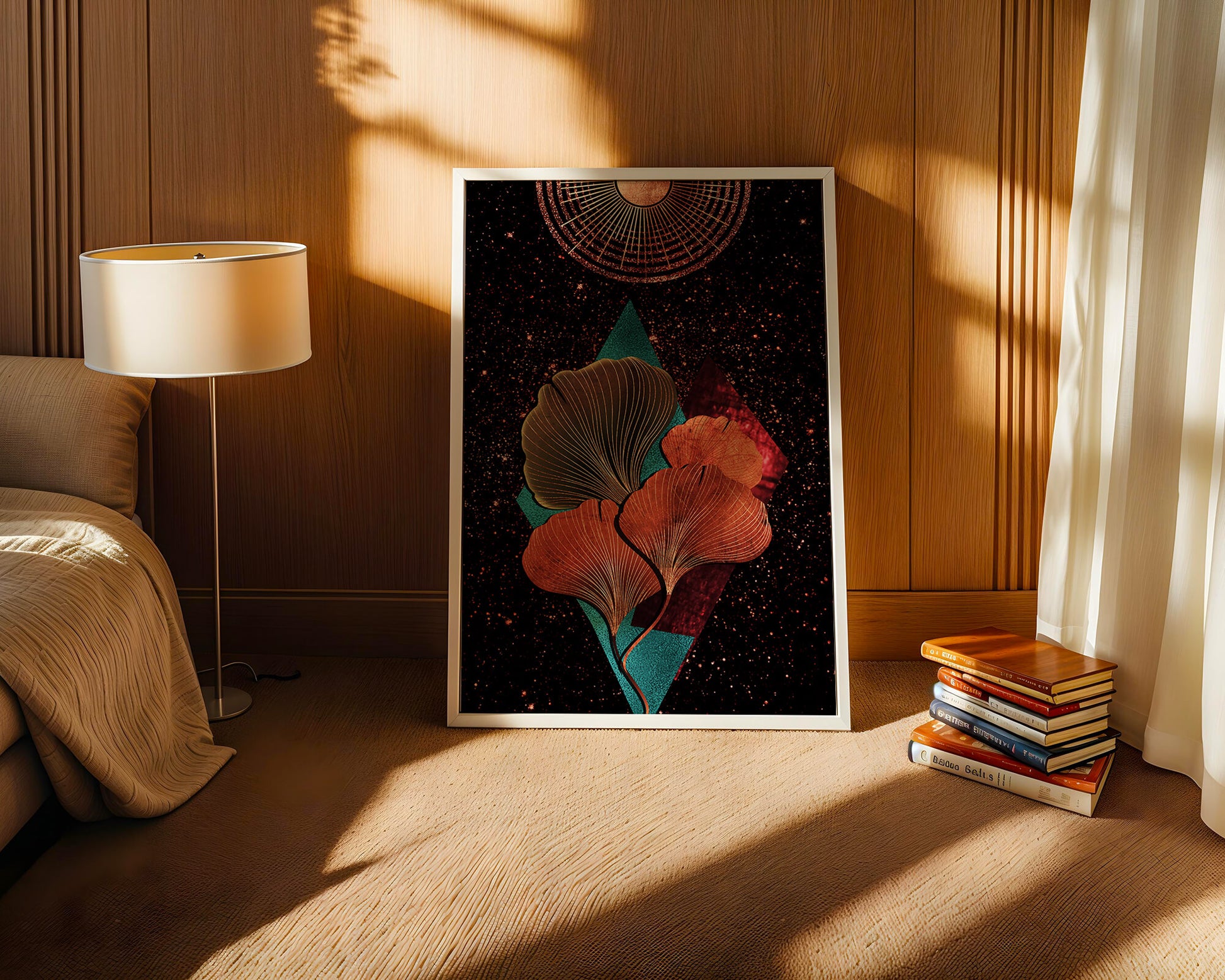 Traducción al español: Ilustración floral cósmica abstracta con elementos geométricos y acentos dorados
