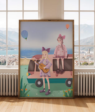 Serene beach scene with whimsical characters and hot air balloons