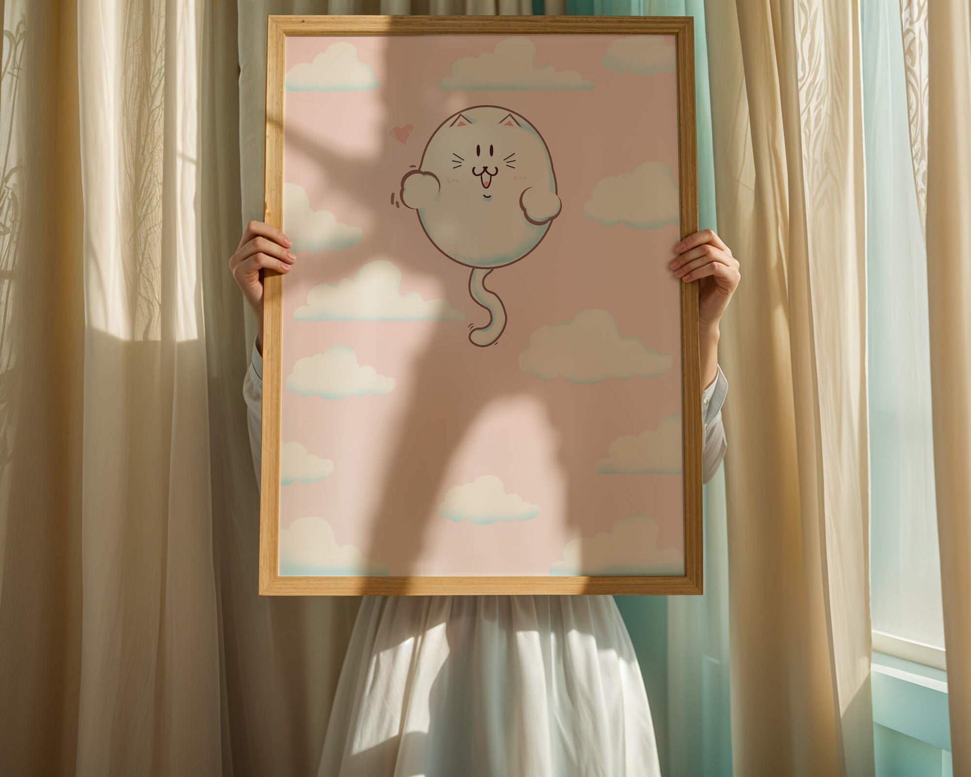 Gato flotante caprichoso en un cielo pastel con nubes esponjosas