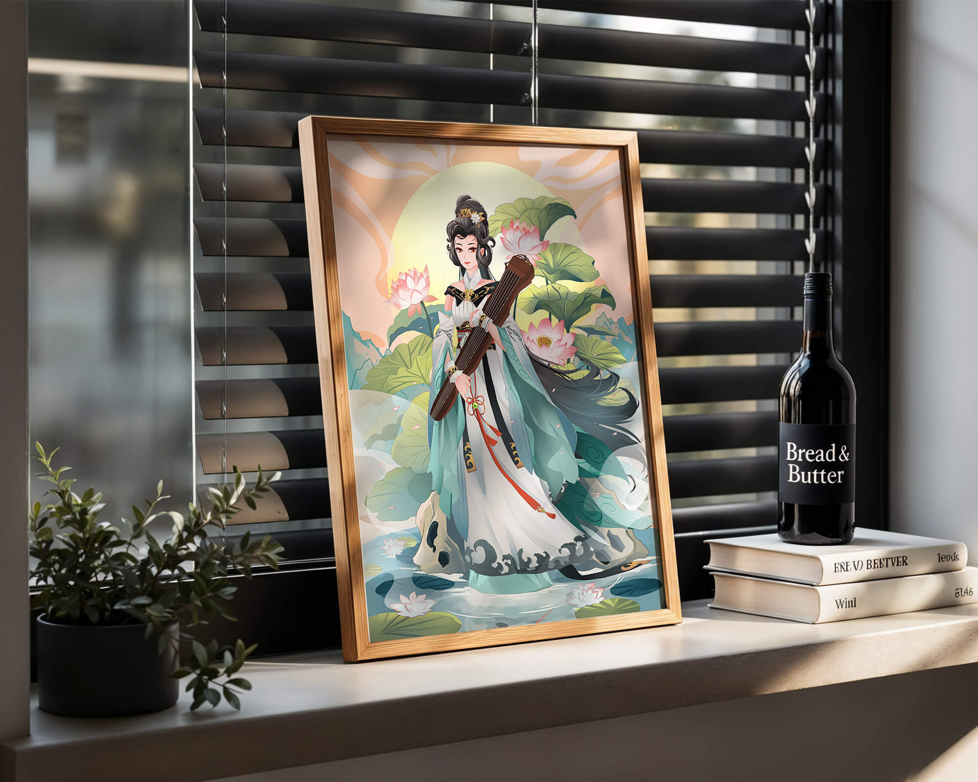 Elegant woman with traditional clothing and musical instrument in serene nature setting