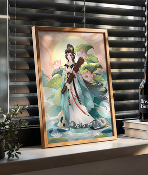 Elegant woman with traditional clothing and musical instrument in serene nature setting