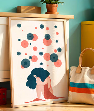 Abstract Illustration of a Woman with Curly Blue Hair Surrounded by Colorful Circles - Mi tienda
