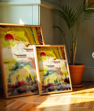 Abstract Landscape with Swirling Colors and Red Sun