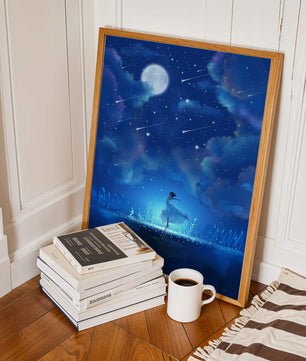 Cielo nocturno soñador con figura danzante y luz de luna brillante