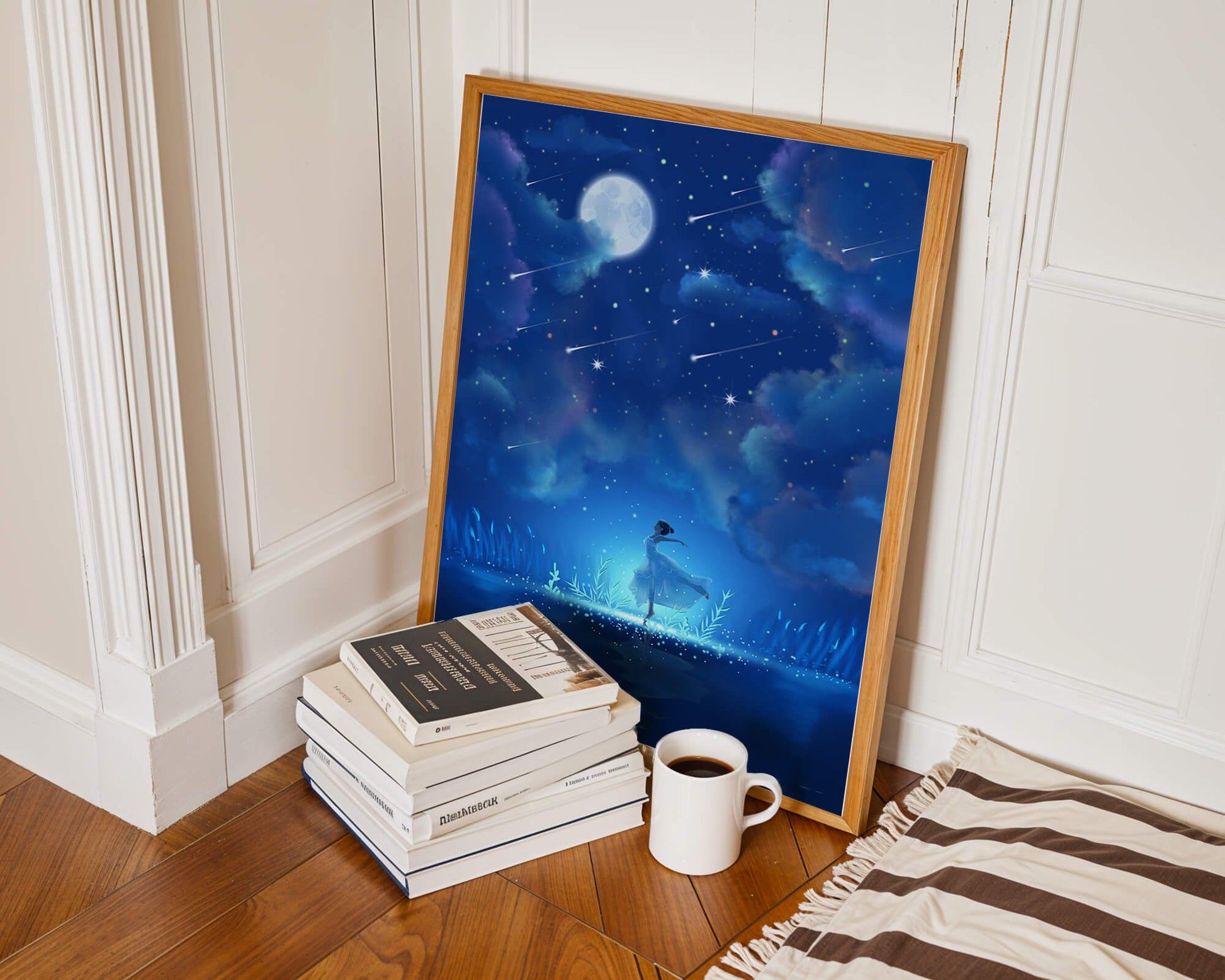 Cielo nocturno soñador con figura danzante y luz de luna brillante