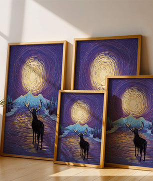 Moose Under Starry Night Sky with Radiant Moon