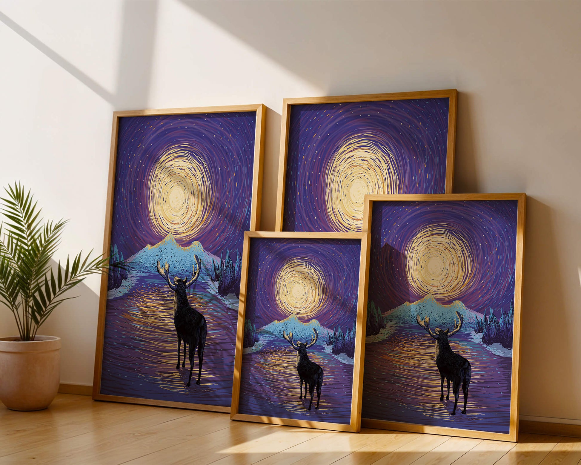 Moose Under Starry Night Sky with Radiant Moon