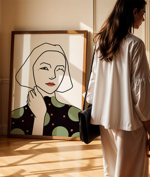Modern Minimalist Portrait of a Winking Woman in Green Polka Dot Dress - Mi tienda