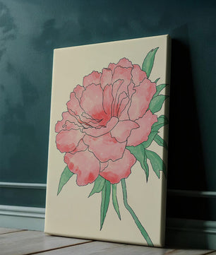 Delicate Pink Peony with Green Leaves Illustration