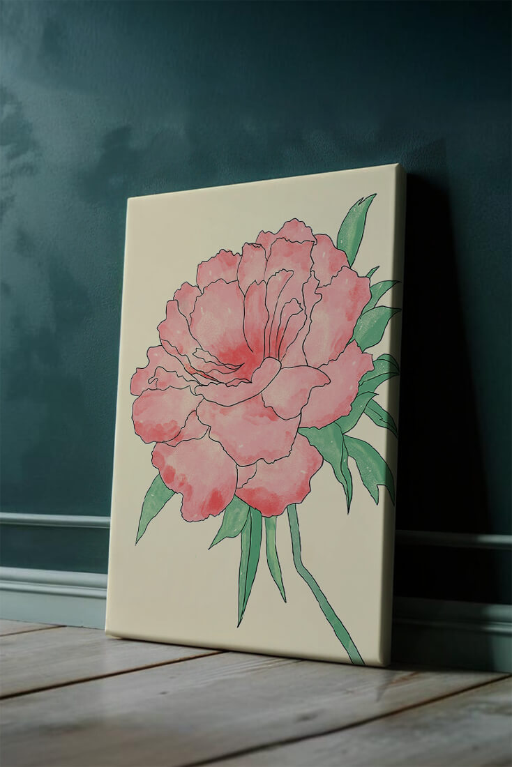 Delicate Pink Peony with Green Leaves Illustration