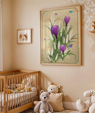 Elegant Crocus Flowers with Butterflies in a Delicate Frame