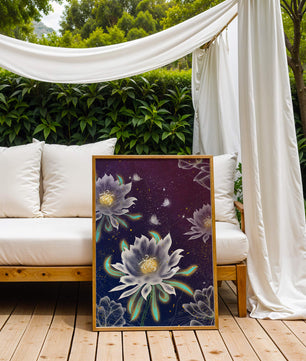 Floral Fantasy with Glowing Elements and Butterflies in Night Sky