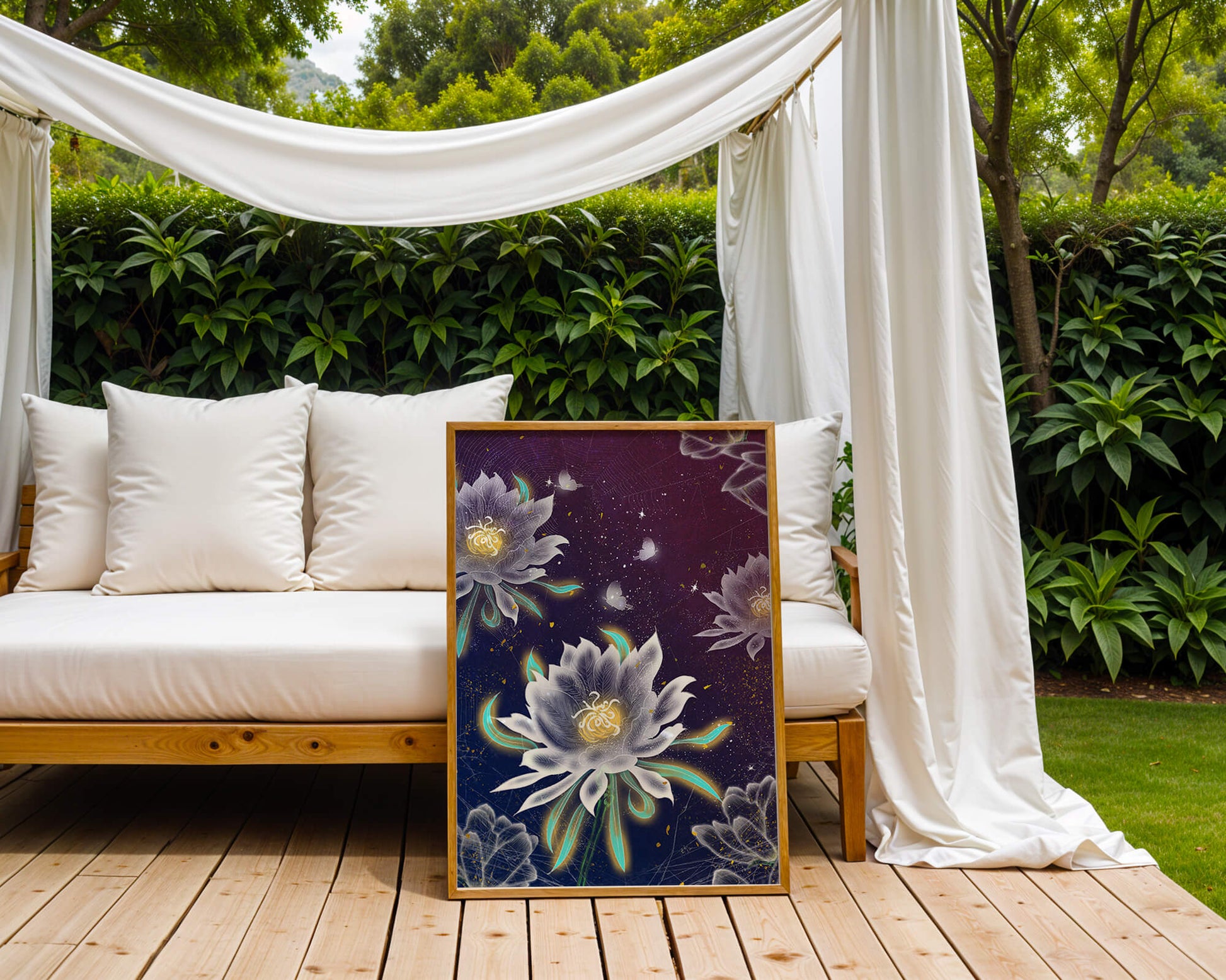 Floral Fantasy with Glowing Elements and Butterflies in Night Sky