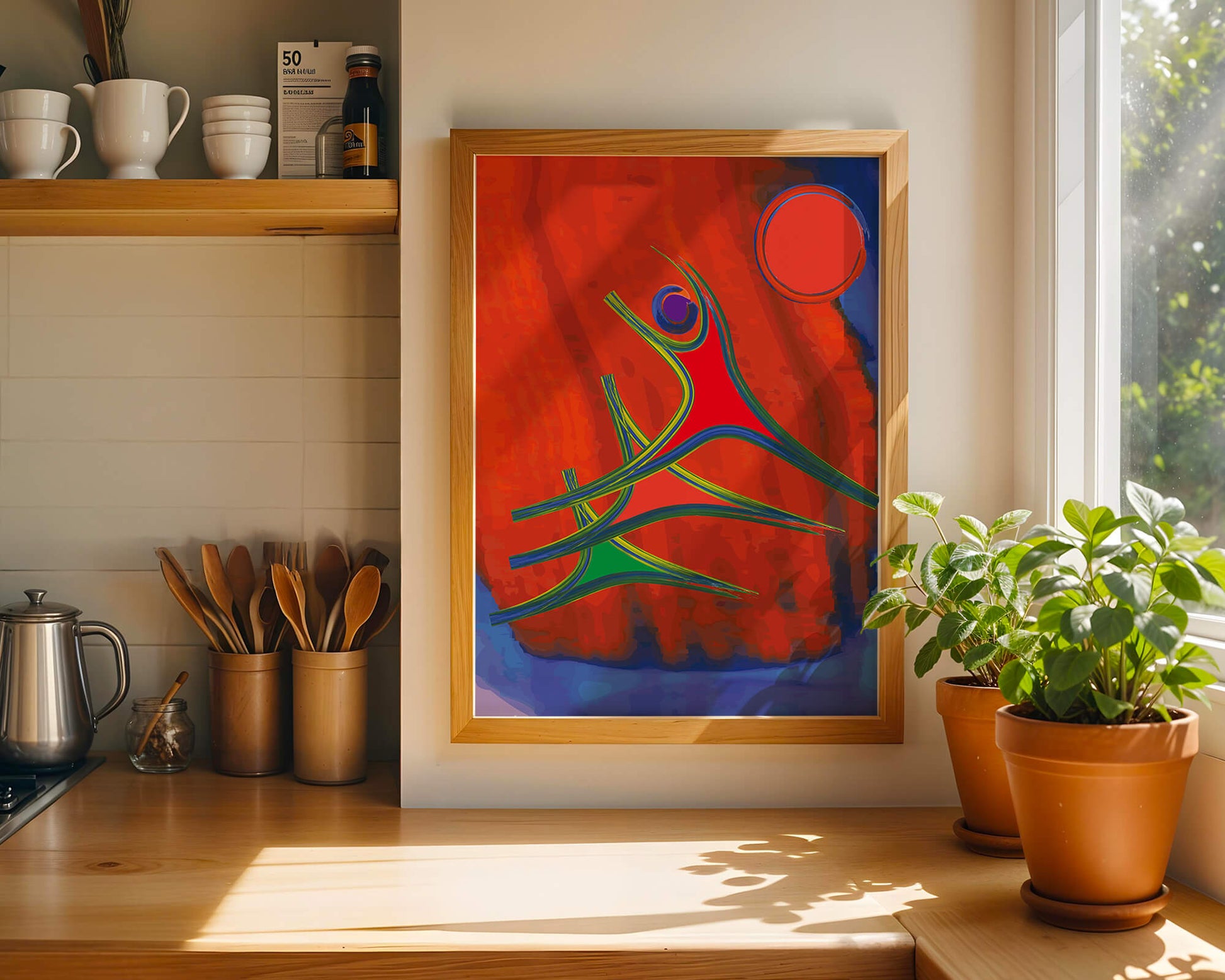 Abstract colorful artwork with dynamic figures and bold colors