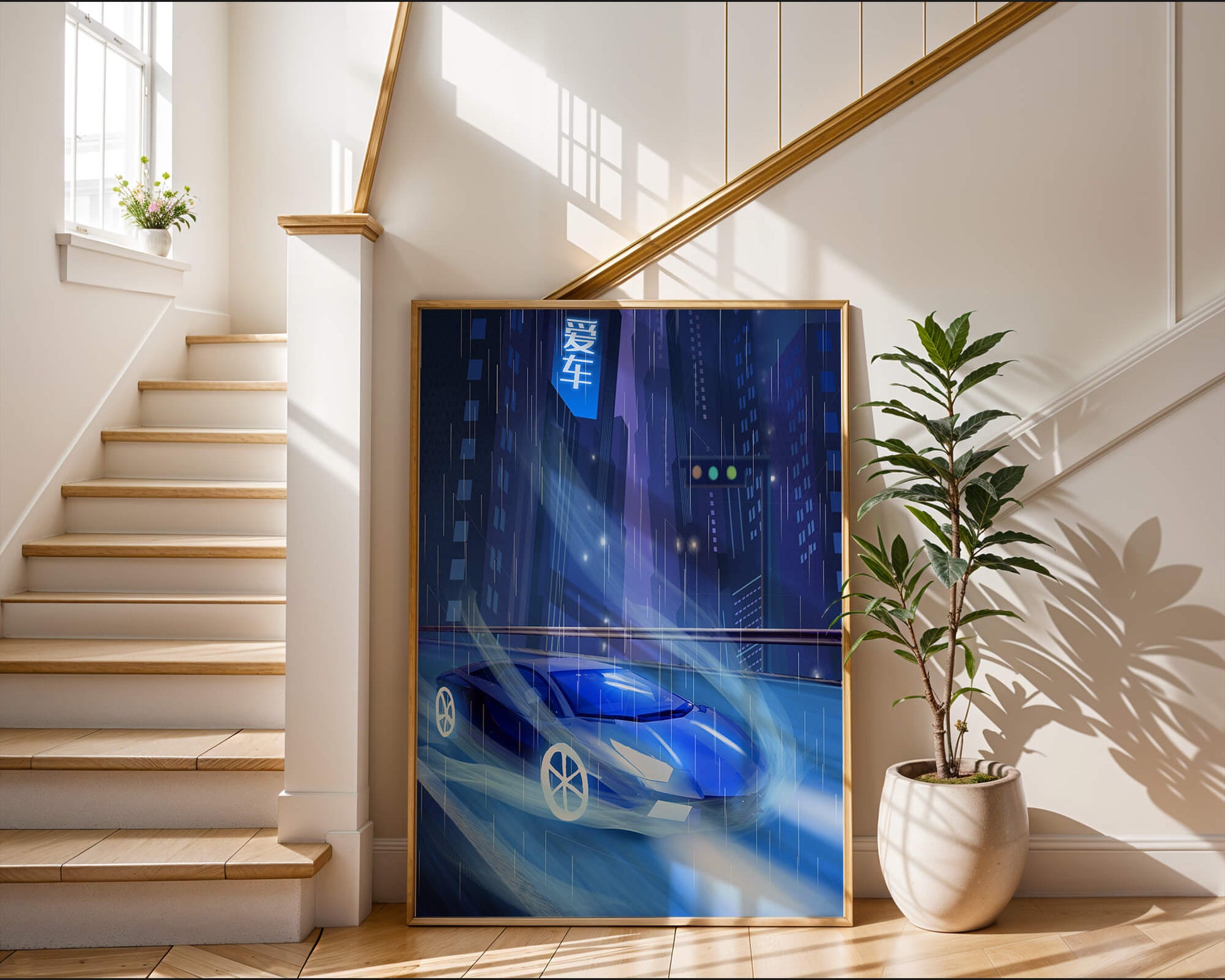 Futuristic blue car speeding through neon-lit rainy cityscape