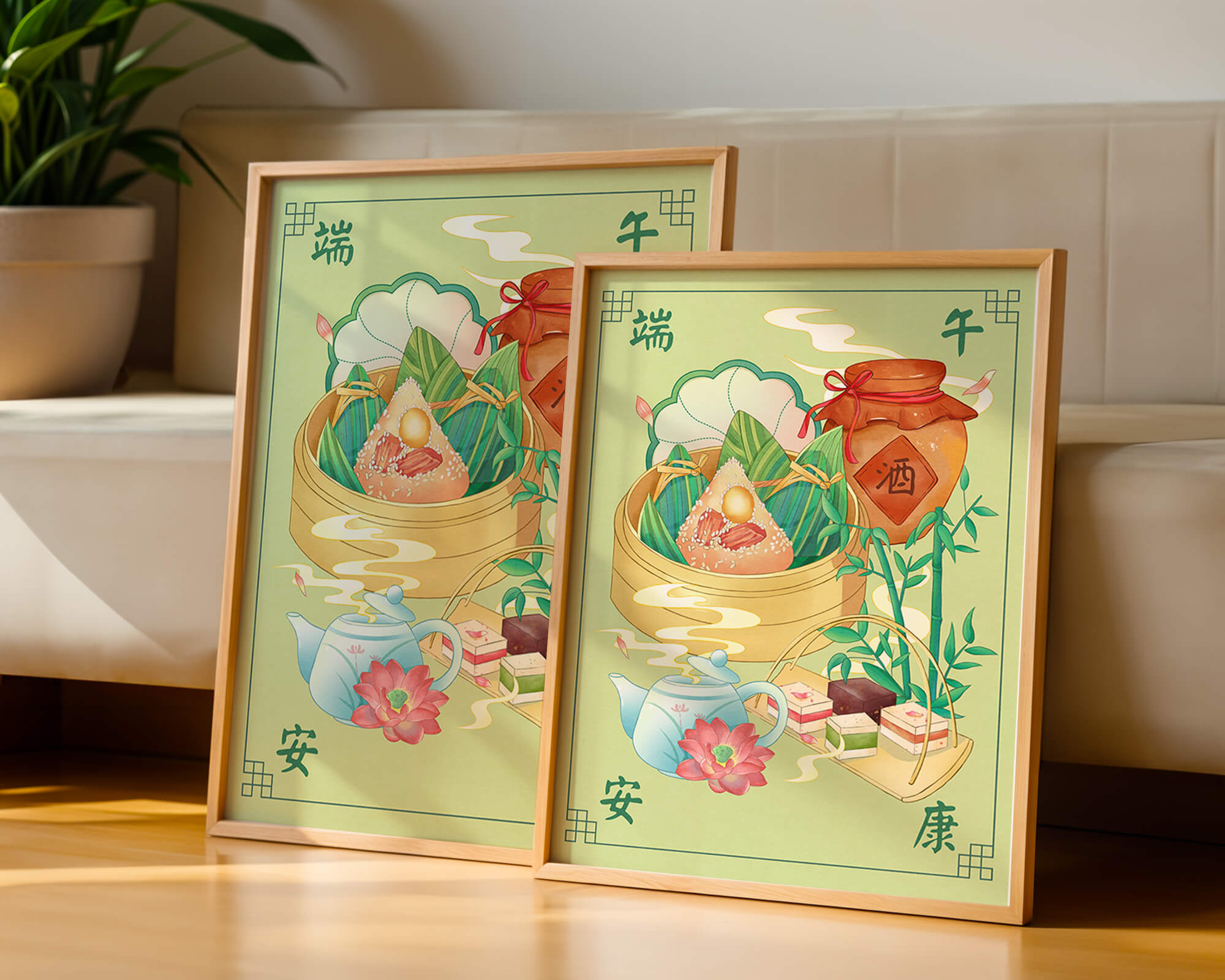 Chinese festive food illustration featuring traditional rice dumplings and tea set