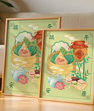 Illustration de nourriture festive chinoise mettant en scène des zongzi traditionnels et un service à thé
