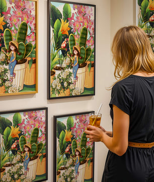 Charmante scène de jardin avec une jeune fille et des fleurs éclatantes