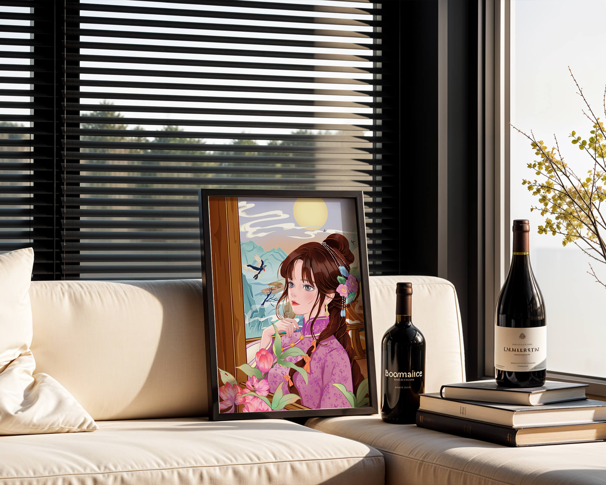 Serene landscape with a woman in traditional dress and mountain view