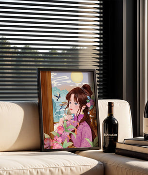 Serene landscape with a woman in traditional dress and mountain view