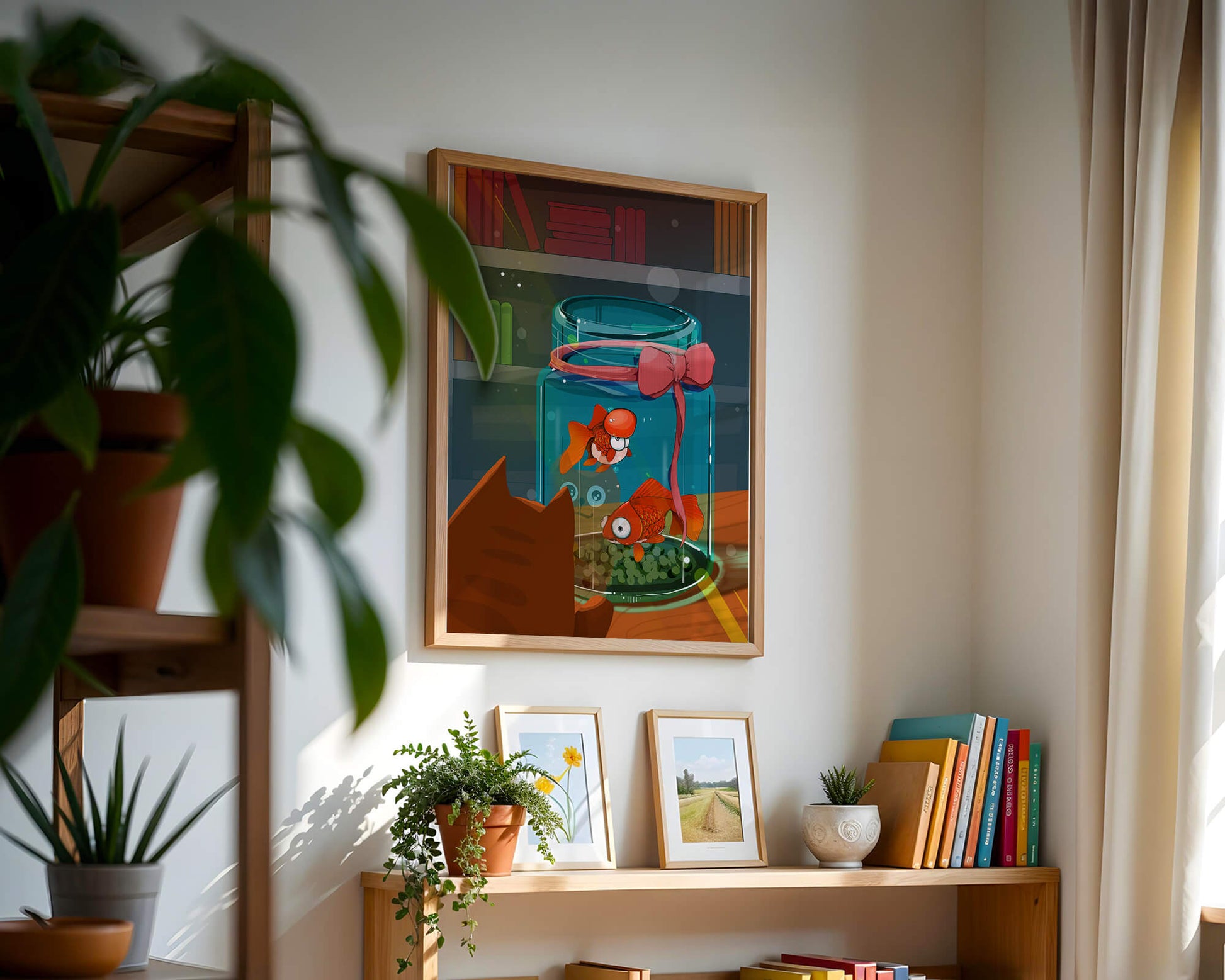 Neugierige Katze beobachtet Goldfische in einem Glas auf einem Bücherregal