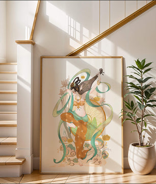 Elegant depiction of an Asian-inspired musician with floral and ribbon motifs