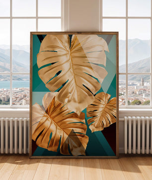 Blätter der Goldenen Monstera auf geometrischem Hintergrund